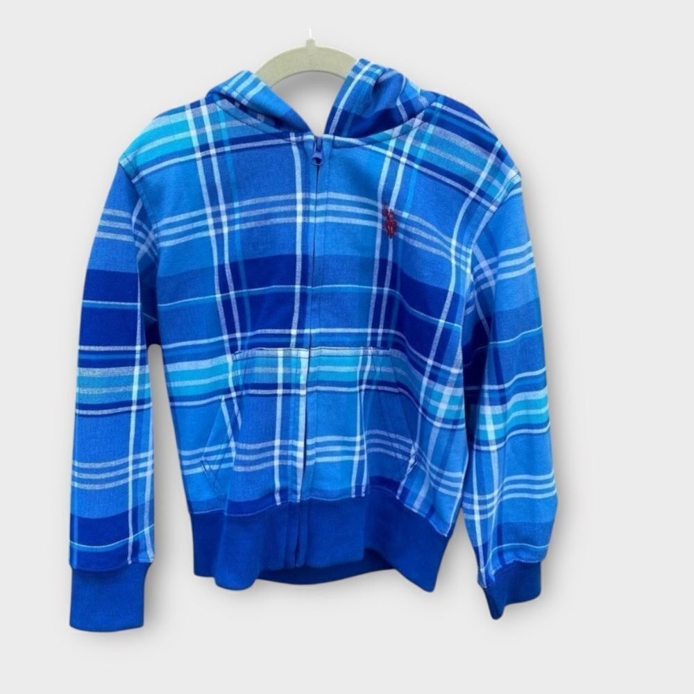 U.S. Polo Blue Plaid Zip Up Hoodie xs (4-5)